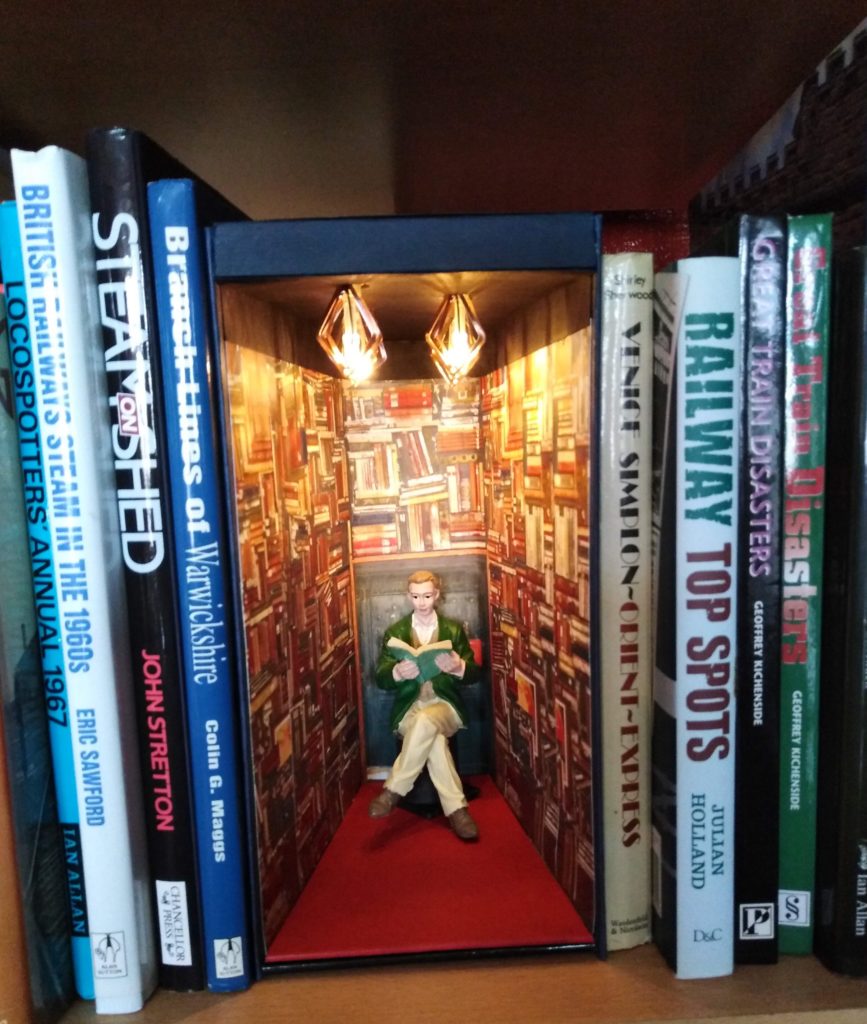 SOLD Book Nook Diorama Book Shelf Insert Man Reading In Library With LED Lights Booknook